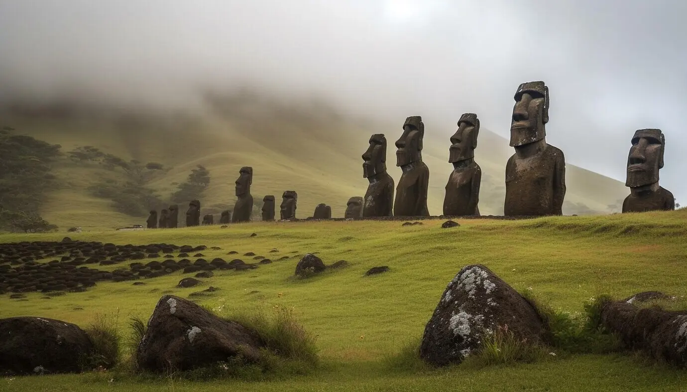 Eine antike Statue steht in Ruinen auf einer nebligen Wiese, KI-generiert.